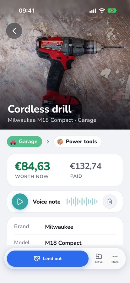 PeekVio item screen: Cordless drill, Milwaukee M18 Compact, in Garage, Power tools box, worth €84,63